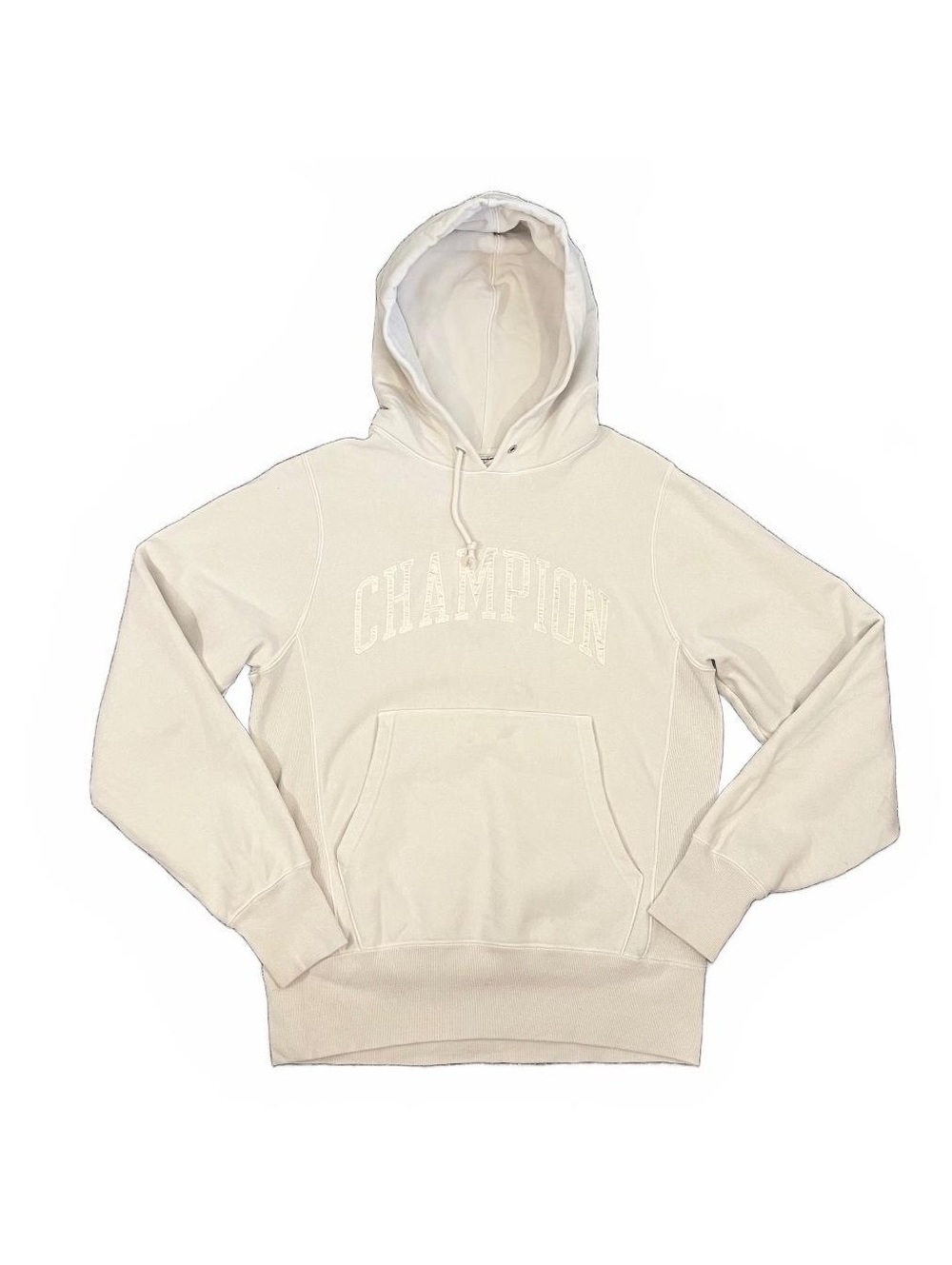 Vintage 90’s Champion Cream Reverse Weave Graphic Logo Hoodie Sporty Streetwear